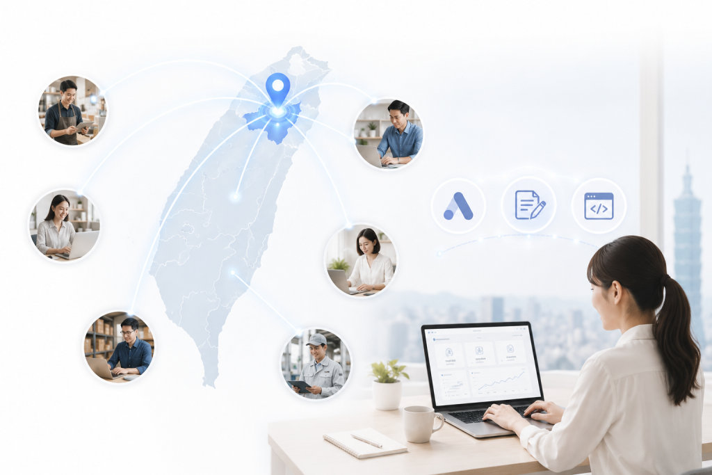 翱翼數位位於台北，採線上合作模式，提供全台灣 Google Ads 廣告代操、GEO 內容策略與網站建置服務。